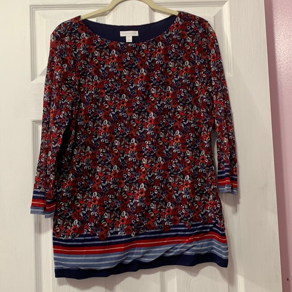 Charter club 3/4 sheer sleeve red, white & blue floral print top - Picture 1 of 5